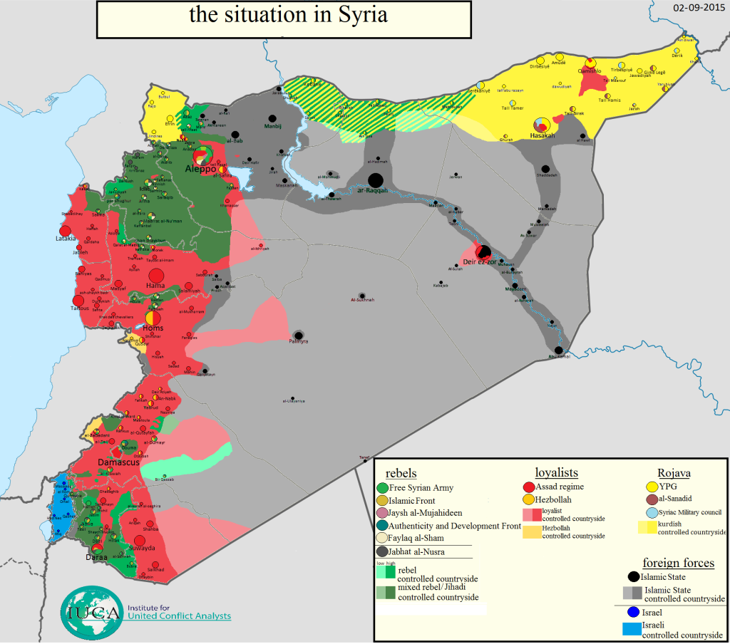 Mappa del conflitto siriano aggiornata al 2/09/2015. Credit to: @arabthomness