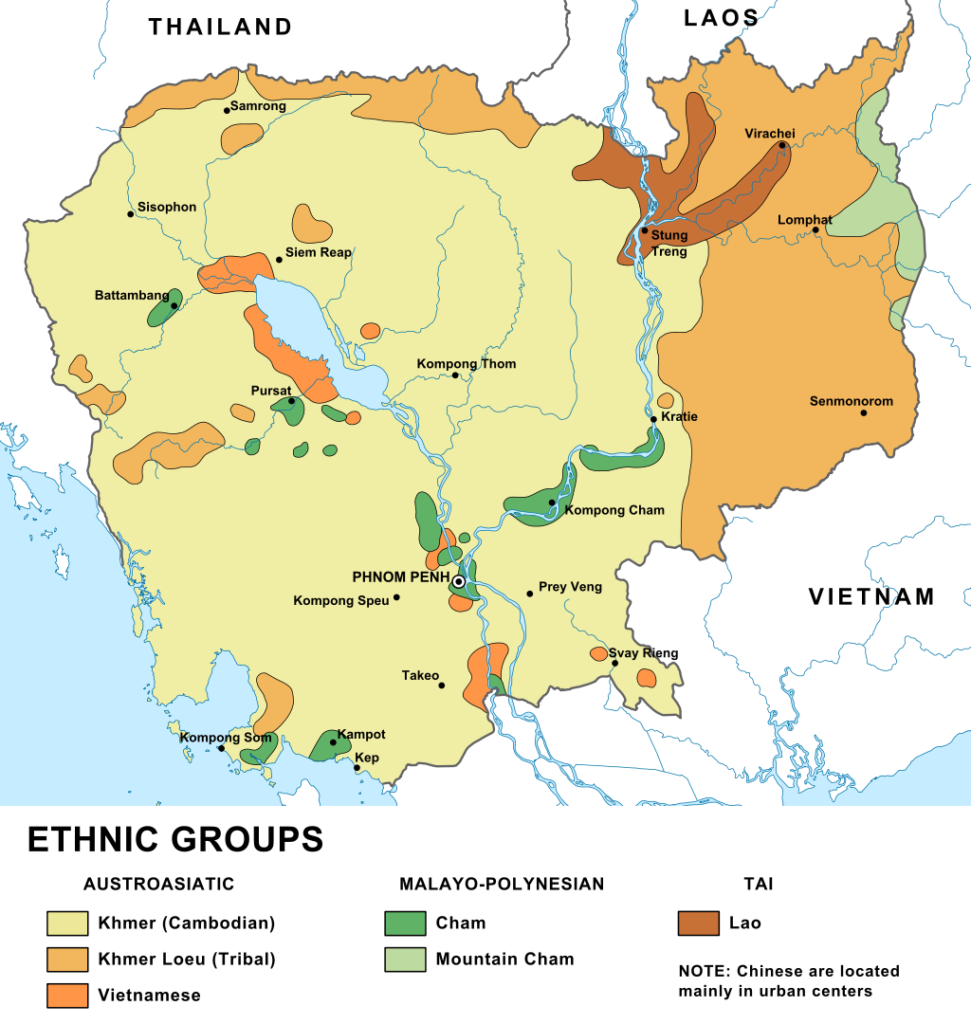 Aree abitate dai diversi gruppi etnici della Cambogia nel 1972 - prima dell'avvento del regime di Pol Pot. Credits: University of Texas Libraries