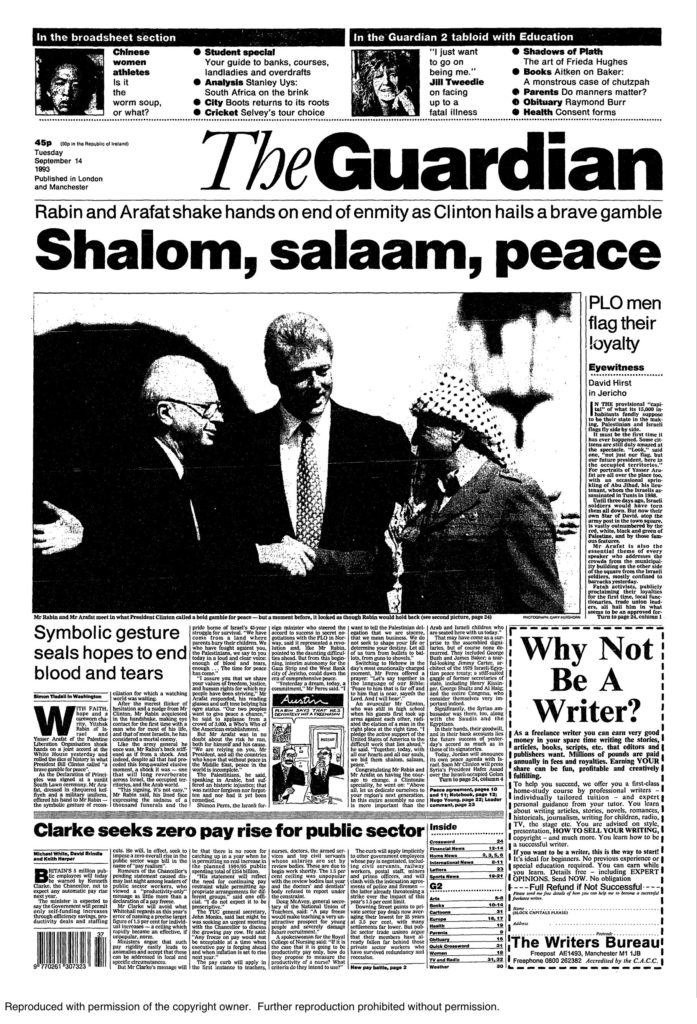 La prima pagina del quotidiano inglese The Guardian del 14 settembre 1993 sugli Accordi raggiunti a Oslo tra comunità palestinese e Israele