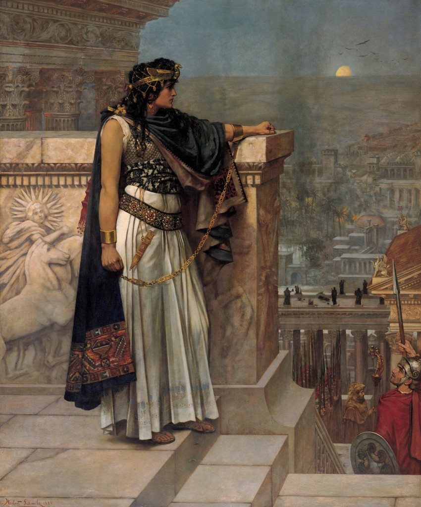 Zenobia da' un ultimo sguardo alla città di Palmyra. Dipinto romantico di Herbert Schwartz