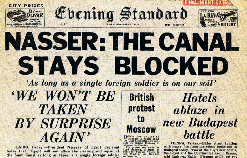 Prima pagina di una copia dell'Evening Standard datato novembre 1956, periodo della Crisi di Suez. / credits: tibsar