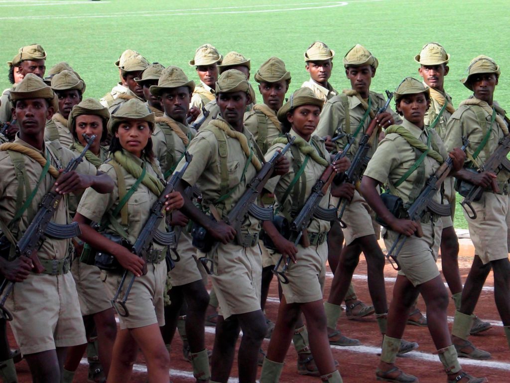 Soldati eritrei marciano ad Asmara in occasione della festa dell'indipendenza, 24/05/2007 REUTERS/Jack Kimball