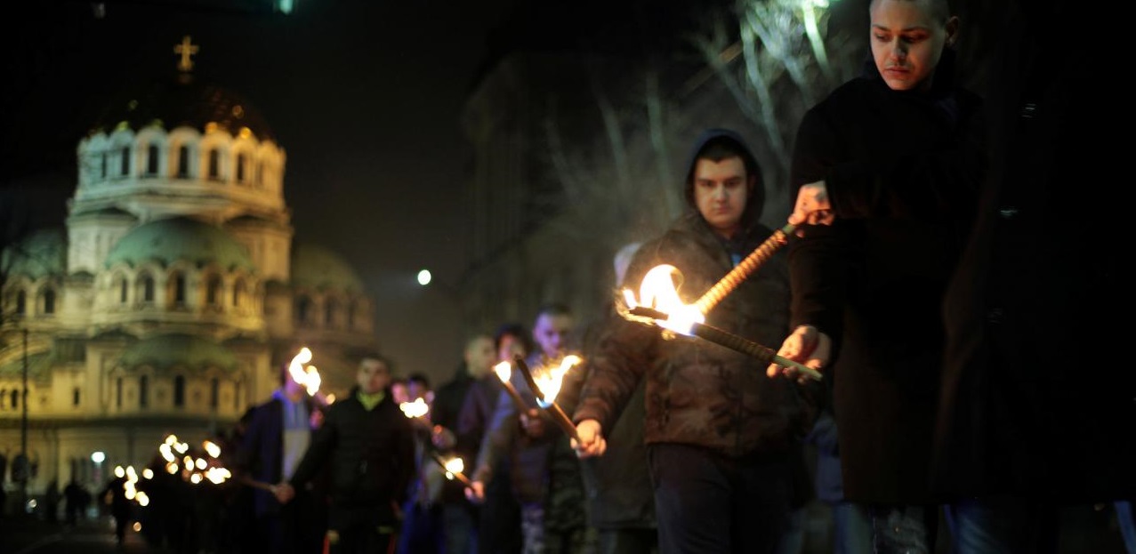 L'estrema destra bulgara marcia in commemorazione del generale bulgaro Hristo Lukov a Sofia, in Bulgaria, il 17 febbraio 2018. Credits to: REUTERS/Dimitar Kyosemarliev.